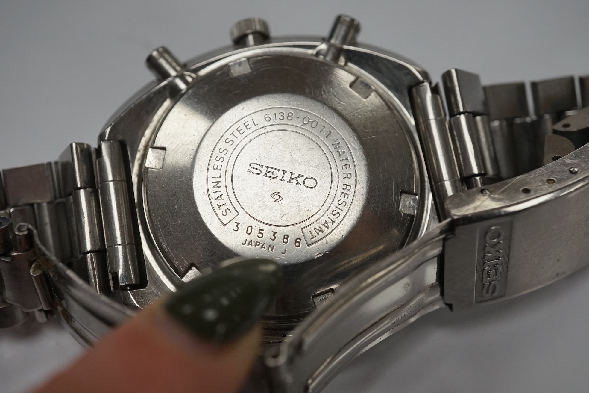 A gentleman's stainless steel Seiko Chronograph Automatic UFO wrist watch, case diameter 45mm, with box, no papers. Condition - poor